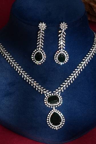 Emerald green stones american diamond necklace set