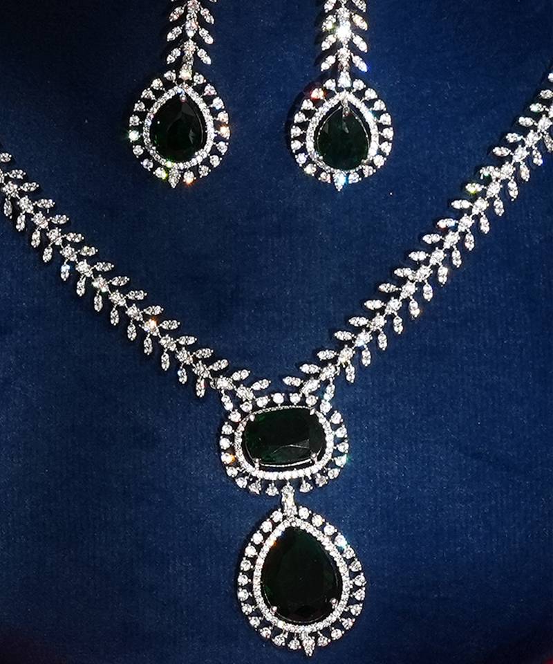 Emerald green stones american diamond necklace set