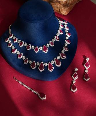 Ruby red stones american diamond necklace set 1