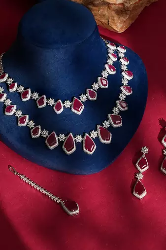 Ruby red stones american diamond necklace set