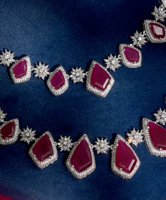 Ruby red stones american diamond necklace set 2