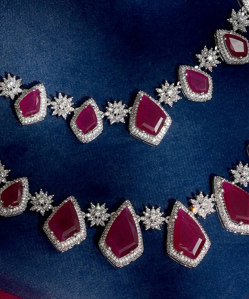 Ruby red stones american diamond necklace set