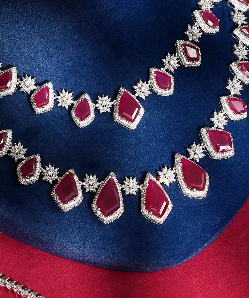 Ruby red stones american diamond necklace set