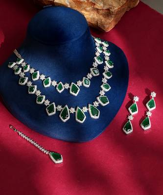 Green stones american diamond necklace set 1