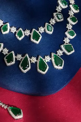 Green stones american diamond necklace set