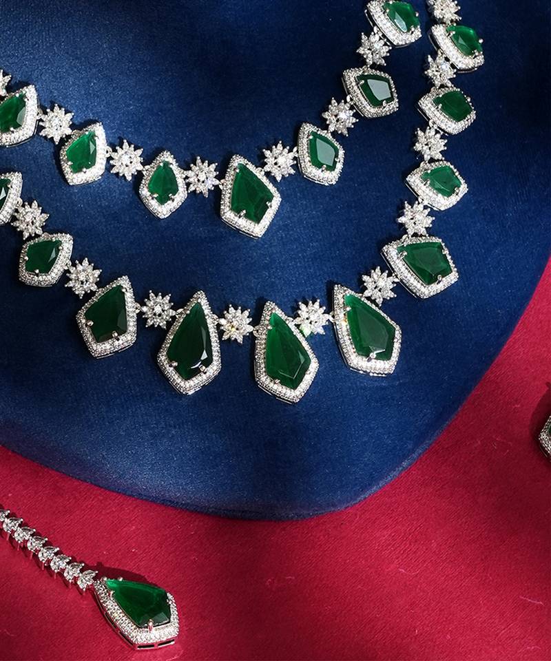 Green stones american diamond necklace set