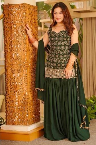 Dark green embroidery faux georgette sharara suit set