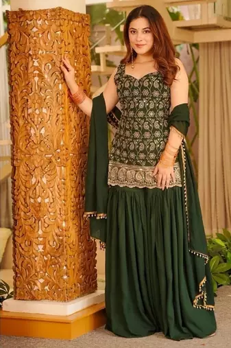 Dark green embroidery faux georgette sharara suit set