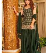 Dark green embroidery faux georgette sharara suit set