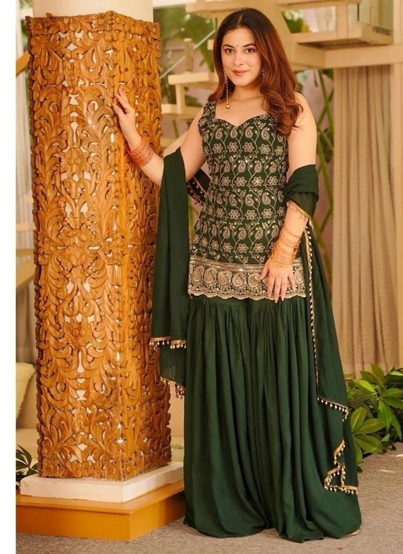 Dark green embroidery faux georgette sharara suit set
