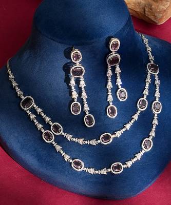 Lavender stones american diamond necklace set 1