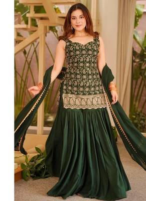 Dark green embroidery faux georgette sharara suit set 2