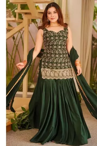 Dark green embroidery faux georgette sharara suit set