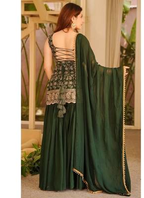 Dark green embroidery faux georgette sharara suit set 3
