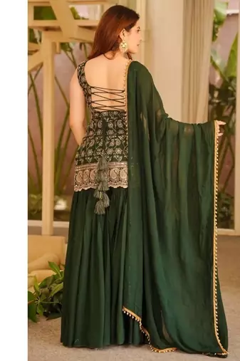 Dark green embroidery faux georgette sharara suit set