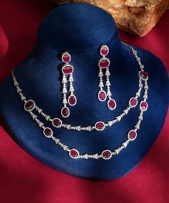 Ruby red stones american diamond necklace set 1