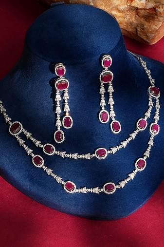 Ruby red stones american diamond necklace set