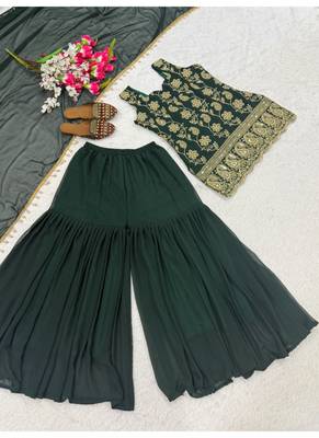 Dark green embroidery faux georgette sharara suit set 4