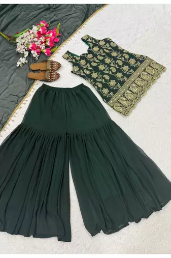 Dark green embroidery faux georgette sharara suit set