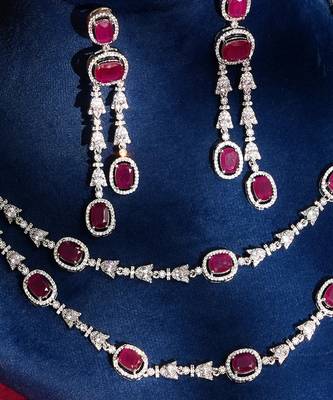 Ruby red stones american diamond necklace set 2