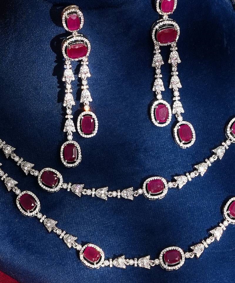 Ruby red stones american diamond necklace set