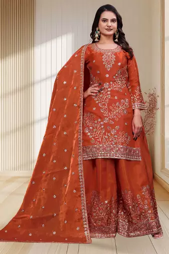 orange chinon festive kurta set