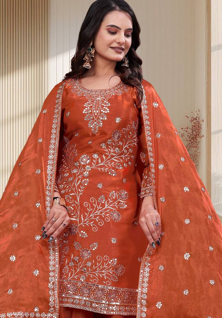 orange chinon festive kurta set