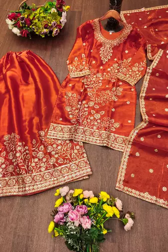 orange chinon festive kurta set