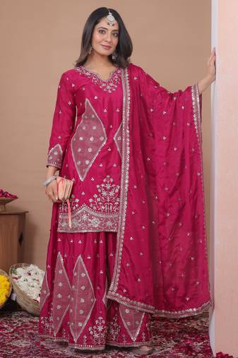 pink chinon festive kurta set