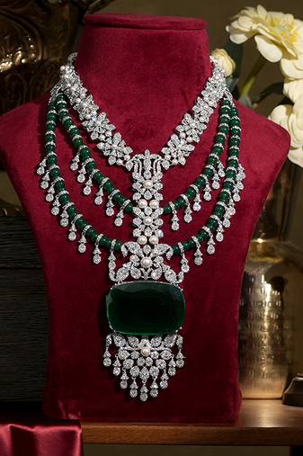 Emerald green stones american diamond royal necklace set