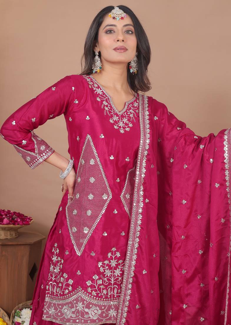 pink chinon festive kurta set