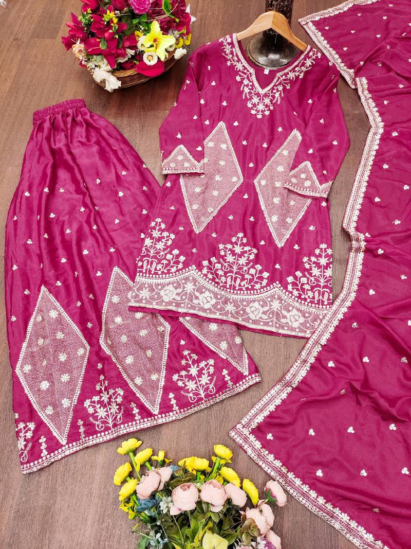 pink chinon festive kurta set