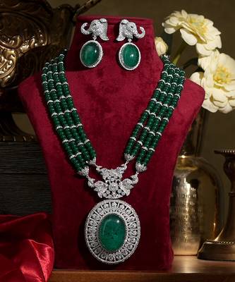 Emerald green stones american diamond multi strand necklace set 1