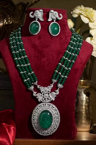 Emerald green stones american diamond multi strand necklace set