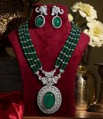 Emerald green stones american diamond multi strand necklace set