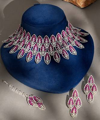 Ruby pink stones american diamond choker set 1