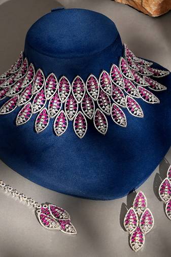 Ruby pink stones american diamond choker set