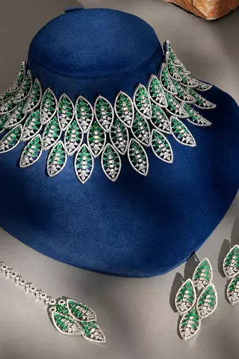 Green stones american diamond choker set