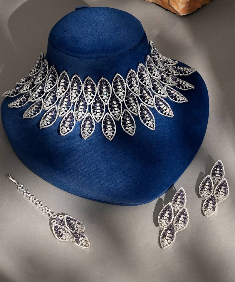 Purple stones american diamond necklace set
