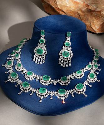 Green stones american diamond necklace set 1