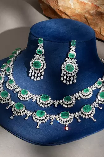 Green stones american diamond necklace set