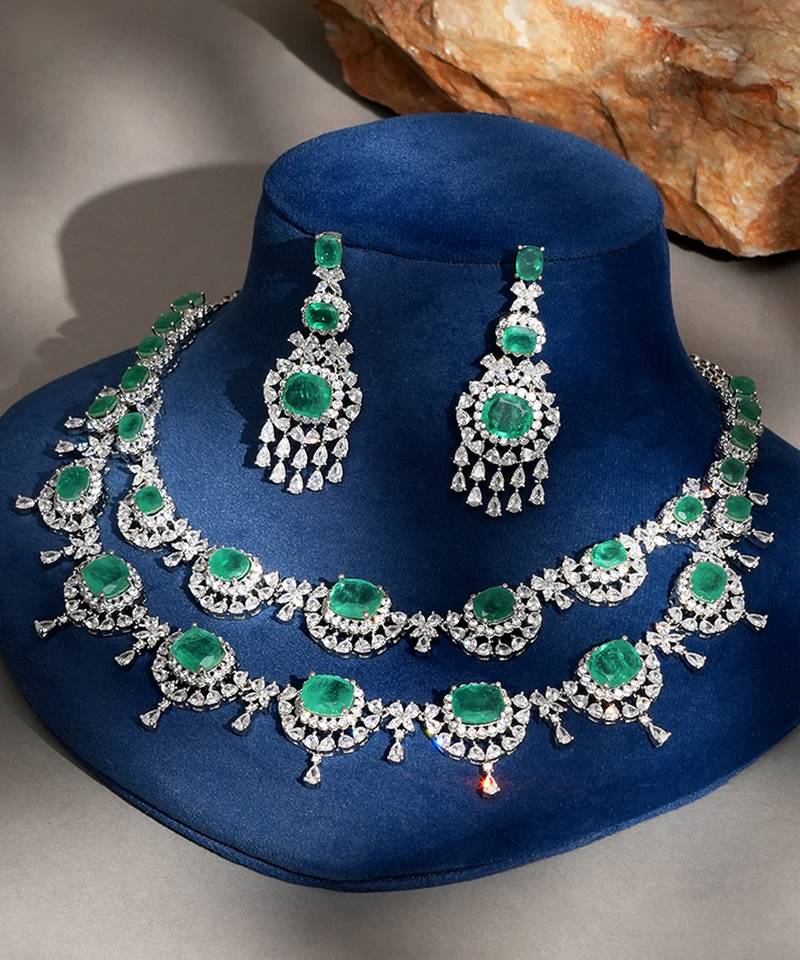 Green stones american diamond necklace set