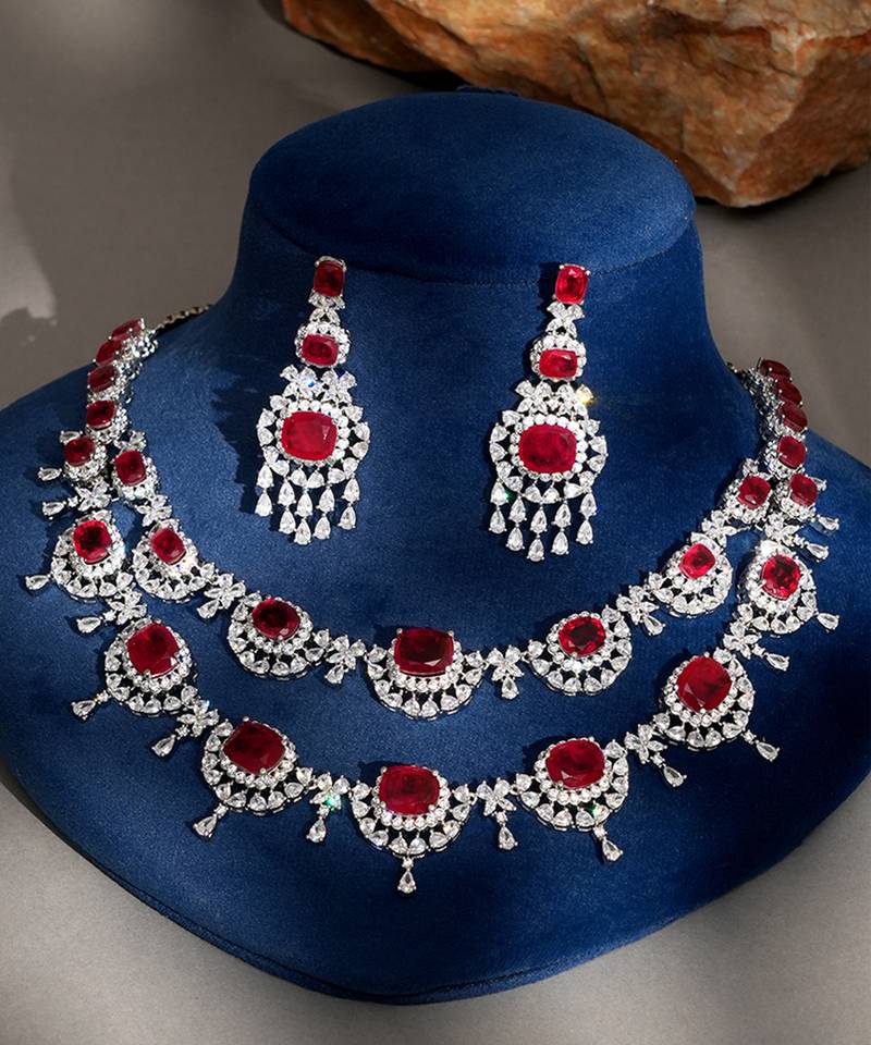 Red stones american diamond necklace set