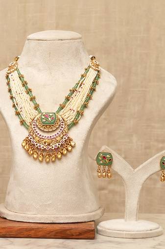 Gold plated kundan multistrand meenakari necklace set