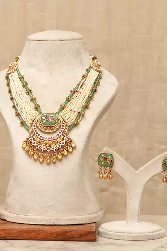 Gold plated kundan multistrand meenakari necklace set