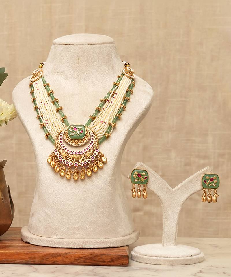 Gold plated kundan multistrand meenakari necklace set