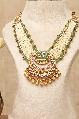 Gold plated kundan multistrand meenakari necklace set
