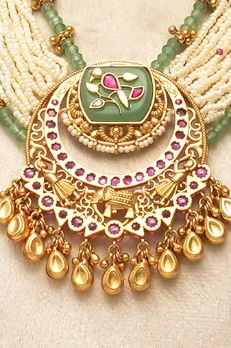 Gold plated kundan multistrand meenakari necklace set