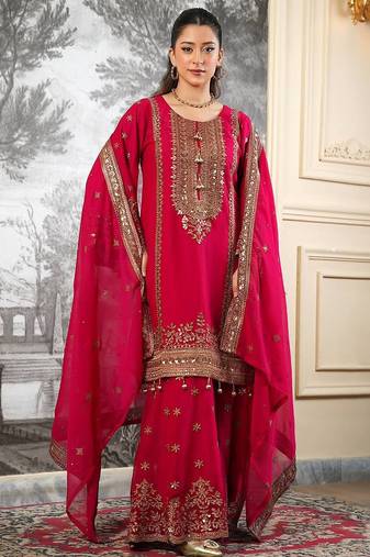 rani-pink silk festive kurta set