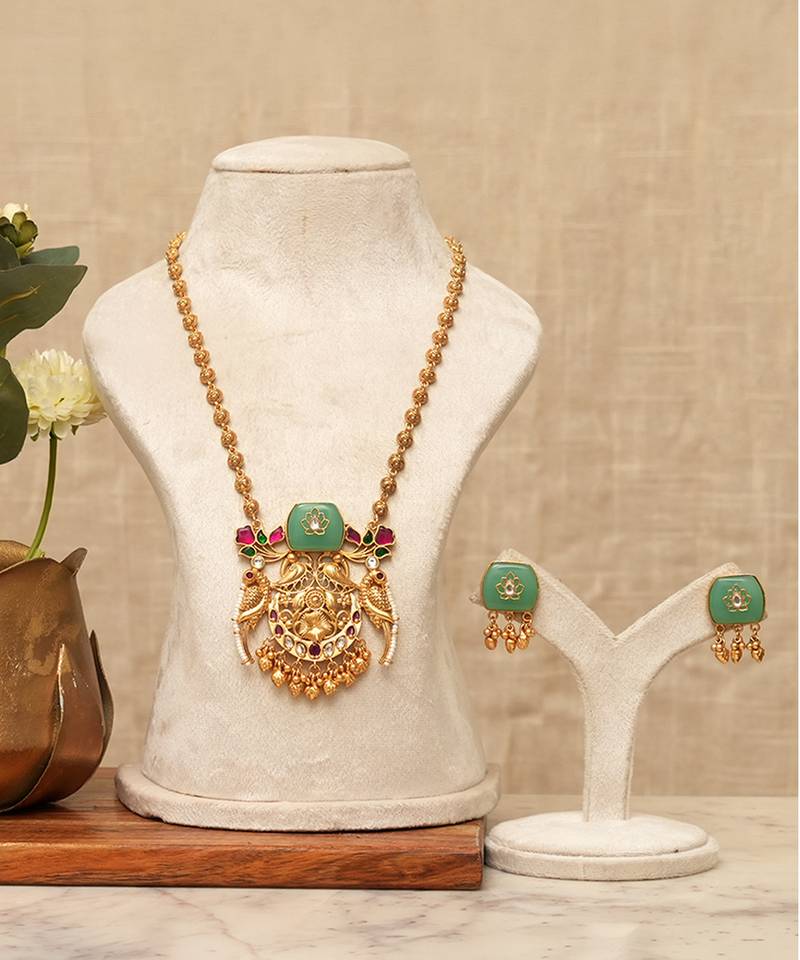 Gold plated mint green stones kundan necklace set